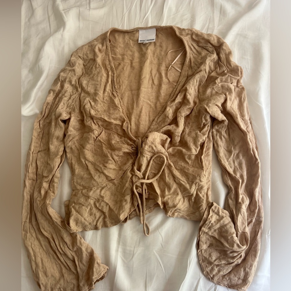 Skylar + Madison Tan Tie Front Ruffled Long Sleeve Blouse